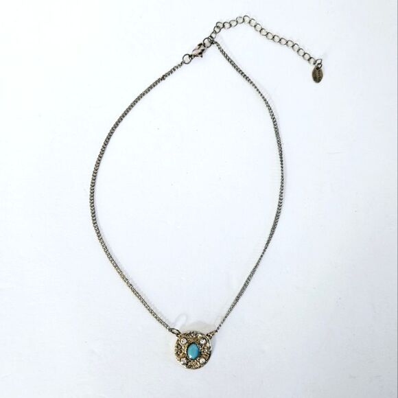Marlyn Schiff Signed Multi Crystal Textured Turquoise Gold Plated Disk Necklace - Picture 1 of 5